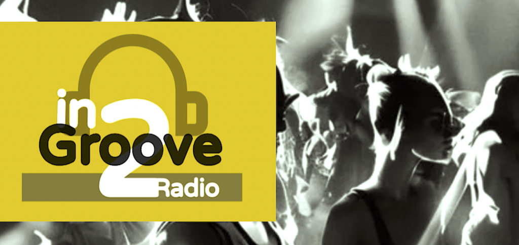 In2Groove Radio logo with lively party background featuring dancing crowd and lights